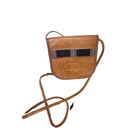 The Unbranded Brand Handbags - Vintage Tan Leather Crossbody Bag Woven Textile Accent Boho Small Saddle Purse